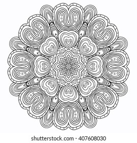 Black and white abstract pattern with leaves and flowers. Doodle. Hand drawn zentagles. Coloring book. Mandala. Sacred geometry.
