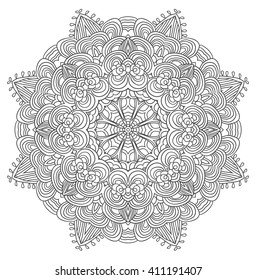 Black and white abstract pattern with leaves and flowers. Doodle. Hand drawn zentagles. Coloring book. Mandala. Vector. Can be used as adult coloring book, coloring page. Sacred geometry