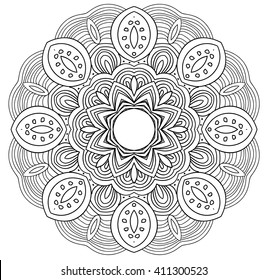 Black and white abstract pattern with leaves and flowers. Doodle. Hand drawn zentagles. Coloring book. Mandala. Sacred geometry.