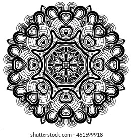 Black and white abstract pattern with leaves and flowers. Doodle. Hand drawn zentagles. Coloring book. Mandala. Sacred geometry.