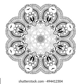 Black and white abstract pattern with leaves and flowers. Doodle. Hand drawn zentagles. Coloring book. Mandala.