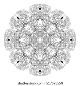 Black and white abstract pattern with leaves and flowers. Doodle. Hand drawn zentagles. Coloring book. Mandala.