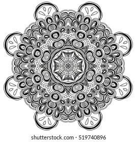 Black and white abstract pattern with leaves and flowers. Doodle. Hand drawn zentagles. Coloring Mandala.