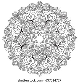 Black and white abstract pattern with leaves and flowers. Doodle. Hand drawn zentagles. Coloring book. Mandala. vector. Can be used as adult coloring book, coloring page. Sacred geometry