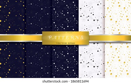 Black and white abstract pattern nature of golden, silver leaves design collection vector.Background illustration set.