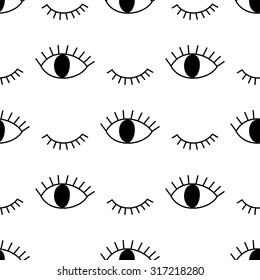 Black and white abstract pattern with open and winking eyes. Cute eye background illustration.
