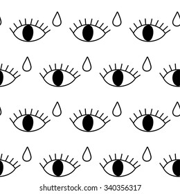 Black and white abstract pattern with open crying eyes. Eyelashes background illustration.