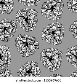 Black and white abstract pattern of peonies on a gray background. Hand drawing by lines. Floral seamless background. Vector art.