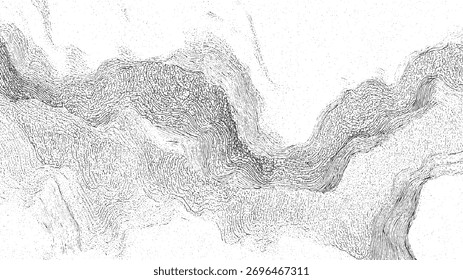 Padrão abstrato preto e branco com linhas de giro e pontos espalhados criando uma superfície texturizada.