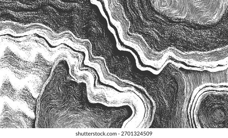 Patrón abstracto en blanco y negro con líneas de remolino y áreas texturizadas que se asemejan al grano de madera o la topografía.