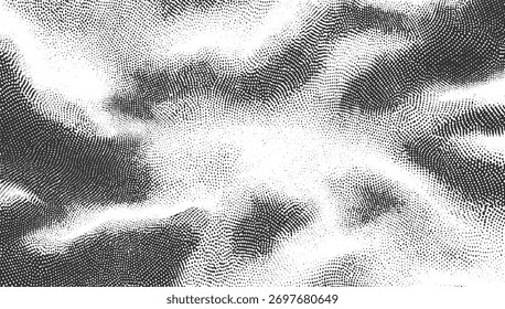 Black and white abstract pattern with varying dot density creating wavy organic shapes and a sense of depth.