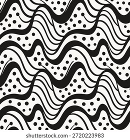 Schwarz-Weiß Abstraktes Muster von wellenförmigen Linien und Punkten Nahtlose Textur monochrom