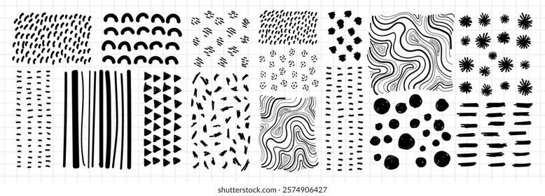 Black and white abstract patterns with dots, stripes, and waves. Patterns feature dots, stripes, and waves in various arrangements. Artistic dots, stripes, waves. Doodle illustrations, vector set.