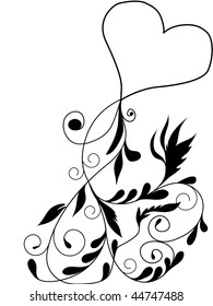 black and white abstract picture to St  Valentines Day with floral elements and heart drowing