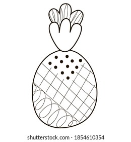 Black and white abstract pineapple with foliage. Isolated outline baby tropical fruit. Doodle for coloring book and page, menu logo, print on clothes, sticker, DIY project. Vector.