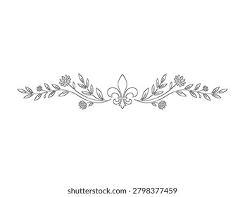 A black white abstract plant shape vignette corner decor. This vector line illustration is a retro romantic divider ornament with an antique lace silhouette.