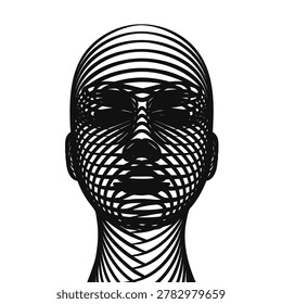 Black and white abstract portrait featuring geometric patterns and contour lines creating a futuristic human face silhouette