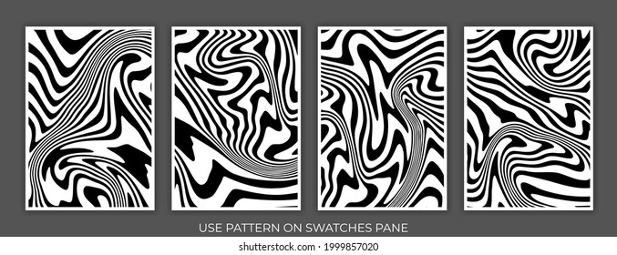 Diseño de afiches abstractos en blanco y negro con líneas líquidas. Curvas blancas y líneas onduladas sobre fondo negro oscuro. A4 Ideal para banner, volante, invitación, portada, tarjeta de visita. Ilustración del vector