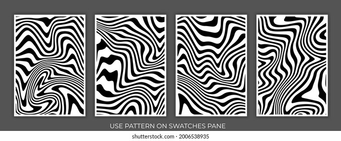 Black and white abstract poster design with liquid lines. White curves and wavy lines on dark black background. A4 size. Ideal for banner, flyer, invitation, cover, business card. Vector illustration