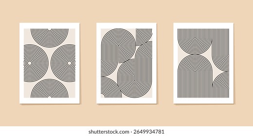 Black white abstract poster set. Arch shape, curved line pattern. Retro vector circles, knots, sun moon fall figures. Geometric optical illusion minimalist art, organic rainbow shape, boho arc bw bg