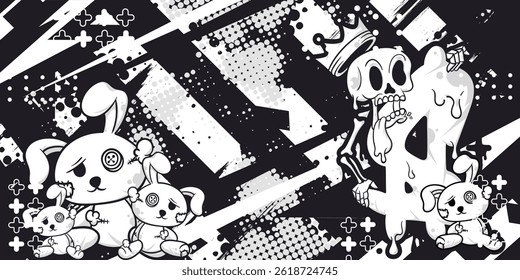 Black and white abstract racing background with stuffed rabbit and skull objects, vector, eps 10, editable.