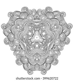 Black and white abstract raster pattern with leaves and flowers. Doodle. Hand drawn zentagles. Coloring book. Kaleidoscope.