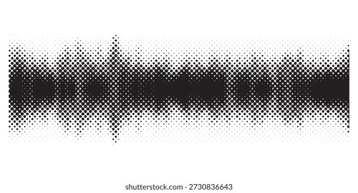 A black and white abstract representation of a sound wave, rendered with a distinct halftone dot pattern.