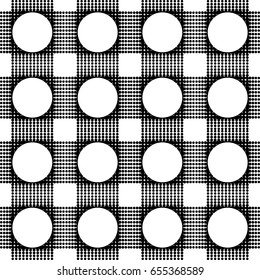 Black and white abstract seamless background. Halftone circles, halftone dot pattern. Repeating geometric tiles. Vector clip art.