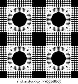 Black and white abstract seamless background. Halftone circles, halftone dot pattern. Repeating geometric tiles. Vector clip art.