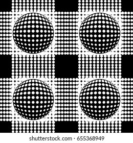Black and white abstract seamless background. Halftone circles, halftone dot pattern. Repeating geometric tiles. Vector clip art.