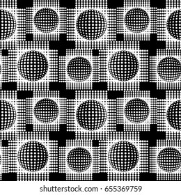 Black and white abstract seamless background. Halftone circles, halftone dot pattern. Repeating geometric tiles. Vector clip art.