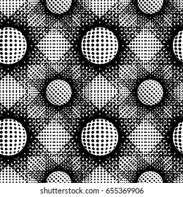 Black and white abstract seamless background. Halftone circles, halftone dot pattern. Repeating geometric tiles. Vector clip art.