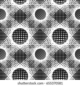 Black and white abstract seamless background. Halftone circles, halftone dot pattern. Repeating geometric tiles. Vector clip art.