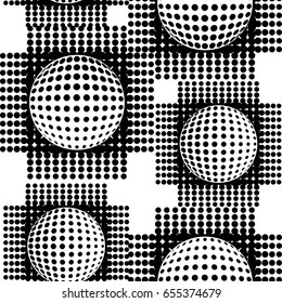 Black and white abstract seamless background. Halftone circles, halftone dot pattern. Repeating geometric tiles. Vector clip art.