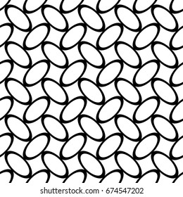 Black and white abstract seamless geometric ellipse grid pattern - monochrome vector background graphic design from diagonal curved oval ring shapes