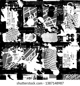 Black and White Abstract seamless grunge urban pattern.  cracker wall with across curved line, arrow, triangles. Grungy style wallpaper. Geometric repeated backdrop for boy, sport textile, clothes