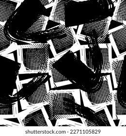 black and white abstract seamless grunge geometric pattern with brush strokes. Squares repeat print. Endless chequered ornament with brushes. Monochrome textured Grungy repeated ornament