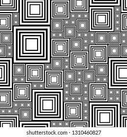 Black and white abstract seamless pattern with a lot squares. Vector illustration pcb, electrical circuit or city blocks. Template monochrome background. Geometric layout different sizes rectangles.