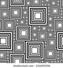 Black and white abstract seamless pattern with a lot squares. Vector illustration pcb, electrical circuit or city blocks. Template monochrome background. Geometric layout different sizes rectangles.