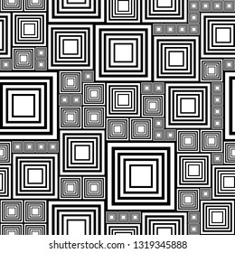 Black and white abstract seamless pattern with a lot squares. Vector illustration pcb, electrical circuit or city blocks. Template monochrome background. Geometric layout different sizes rectangles.