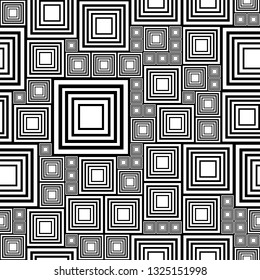 Black and white abstract seamless pattern with a lot squares. Vector illustration pcb, electrical circuit or city blocks. Template monochrome background. Geometric layout different sizes rectangles.