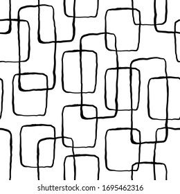 Black and white abstract seamless pattern. Hand drawn rectangles with rounded corners overlapping each other on white background. Line art, vector illustration.