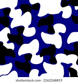 Schwarz-weißes abstraktes, nahtloses Muster auf blauem Hintergrund für Tapeten oder Spinnstoffe