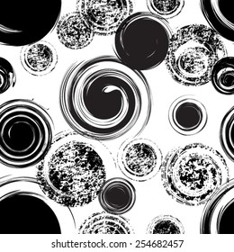 Black and White Abstract Seamless Pattern with Grungy Circles. 
