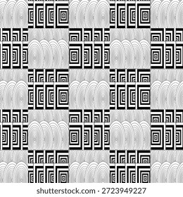 Padrão sem costura abstrato preto e branco com muitos quadrados. Blocos de cidade ou circuito elétrico de pacote de ilustração vetorial. Fundo monocromático do modelo. Disposição geométrica - retângulos de tamanhos diferentes.