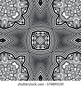 Black and white abstract seamless pattern. Dynamic lines, optical illusion background. Monochrome trendy doodle art illustration. Vector geometric texture, streaks, repeatable