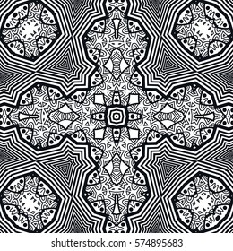Black and white abstract seamless pattern. Dynamic lines, optical illusion background. Monochrome trendy doodle art illustration. Vector geometric texture, streaks, repeatable