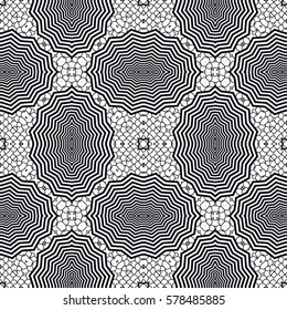 Black and white abstract seamless pattern. Dynamic lines, optical illusion background. Monochrome trendy doodle art illustration. Vector geometric texture, streaks, repeatable