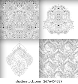 Black and white abstract seamless patterns and ornaments with floral details, ethnic, oriental and asian designs.