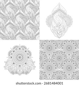Preto e branco abstrato sem costura padrões e ornamentos com detalhes florais, desenhos étnicos, orientais e asiáticos. Contorno preto. Pode ser usado para colorir páginas do livro.